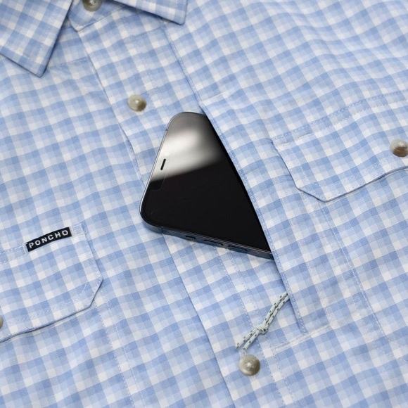 Poncho The Wahoo Large Men’s Blue White Check Performance Outdoor Fishing Shirt - Picture 4 of 9